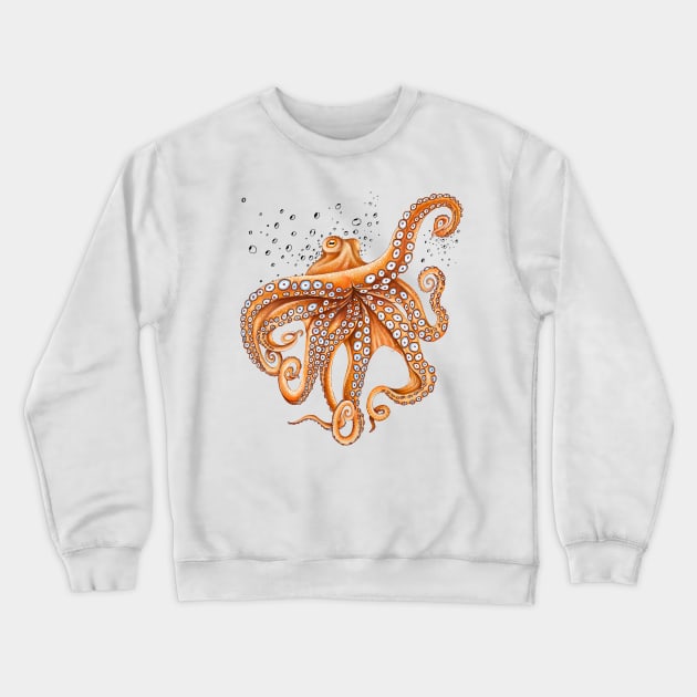 Orange Red Octopus Tentacles Kraken Bubbles Art Crewneck Sweatshirt by Seven Sirens Studios